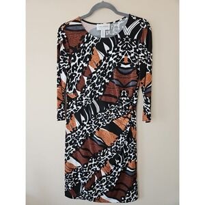 Donna Morgan Dress Women 10 Black Brown Animal Print Ruched Jersey Mod Stretch
